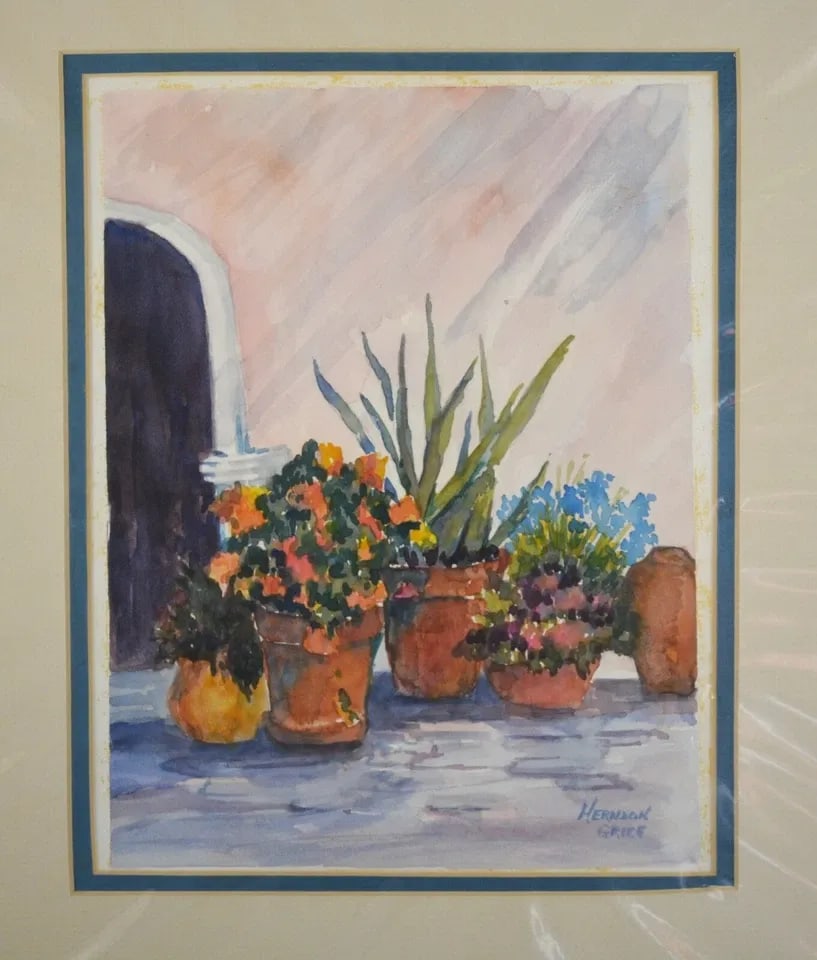 HERNDON GRICE - WATERCOLOR PAINTING - FLOWERS IN ARCHWAY - SELMA ALABAMA ARTIST: HERNDON GRICE - WATERCOLOR PAINTING - FLOWERS IN ARCHWAY - SELMA ALABAMA ARTIST Item Description: This watercolor painting of potted plants and flowers was done by Alabama artist Herndon Grice. It is 