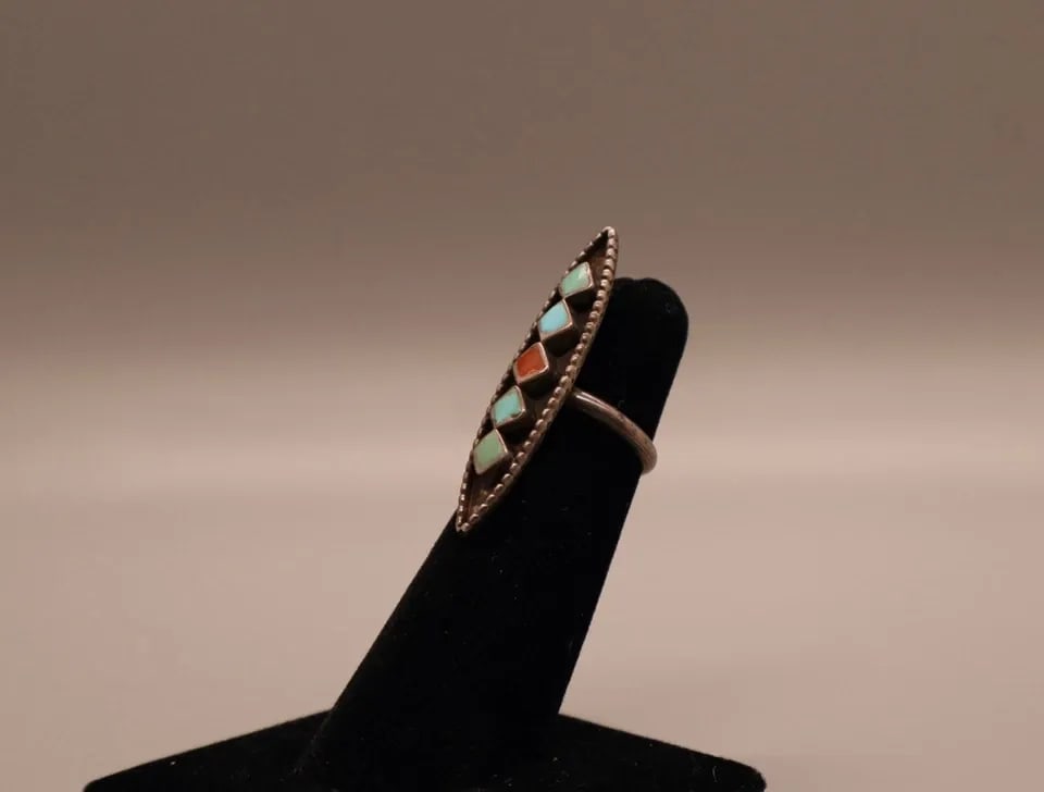 OLD PAWN ZUNI TURQUOISE AND CORAL RING SIZE 4 1/4: OLD PAWN ZUNI TURQUOISE AND CORAL RING SIZE 4 1/4 Item Description: 1 1/2 " Tall