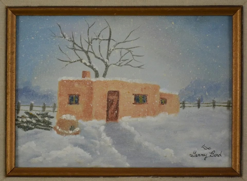 VTG OIL PAINTING - SOUTHWEST ADOBE RANCH HORNO OVEN IN WINTER SNOW - GERRY BIRD (1 of 2)
