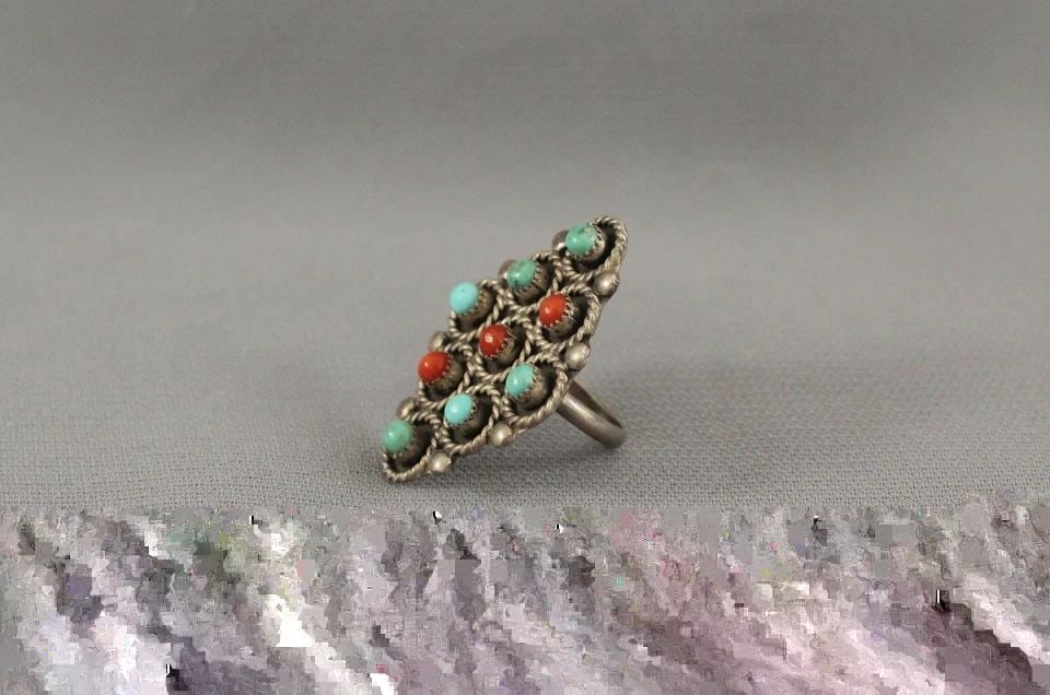 OLD PAWN ZUNI TURQUOISE AND CORAL RING SIZE 5 1/4: OLD PAWN ZUNI TURQUOISE AND CORAL RING SIZE 5 1/4 Item Description: 1 1/2 " Tall