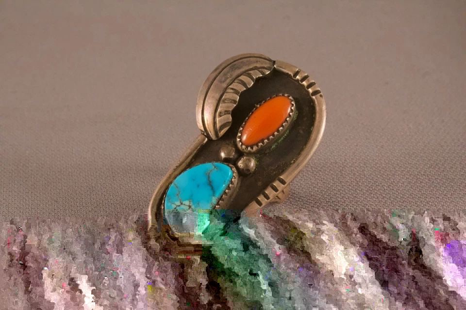 OLD PAWN NAVAJO TURQUOISE AND CORAL RING ..SIZE 6 3/4: OLD PAWN NAVAJO TURQUOISE AND CORAL RING ..SIZE 6 3/4 Item : 1 3/4" tall ..Great Older Navajo Ring With Turquoise And Coral