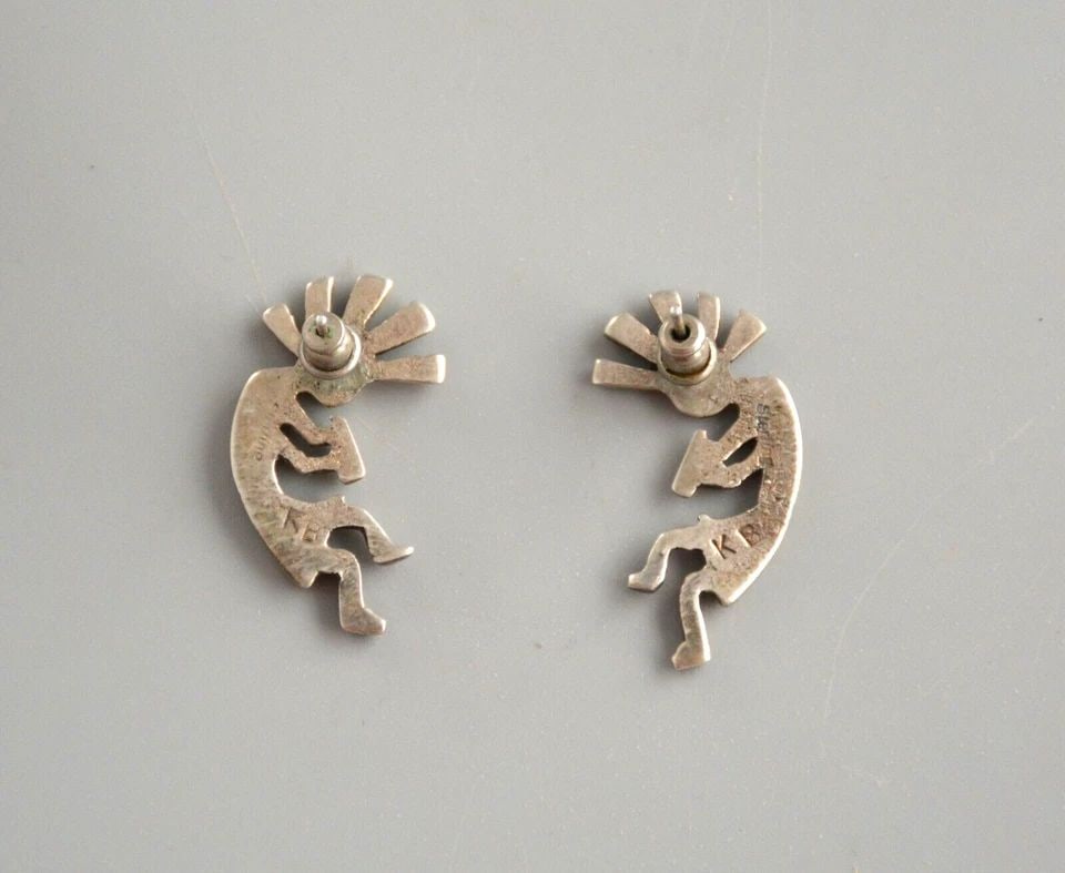 VINTAGE NAVAJO INDIAN CAST SILVER EARRINGS - KOKOPELLI 1 1/4" - KEVIN BILLAH (1 of 2)