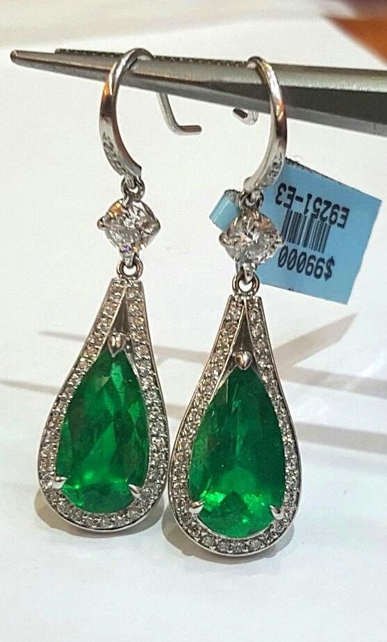 18K WHITE GOLD NATURAL COLOMBIAN EMERALD EARRINGS 7.80CT PEAR SHAPE (1 of 2)