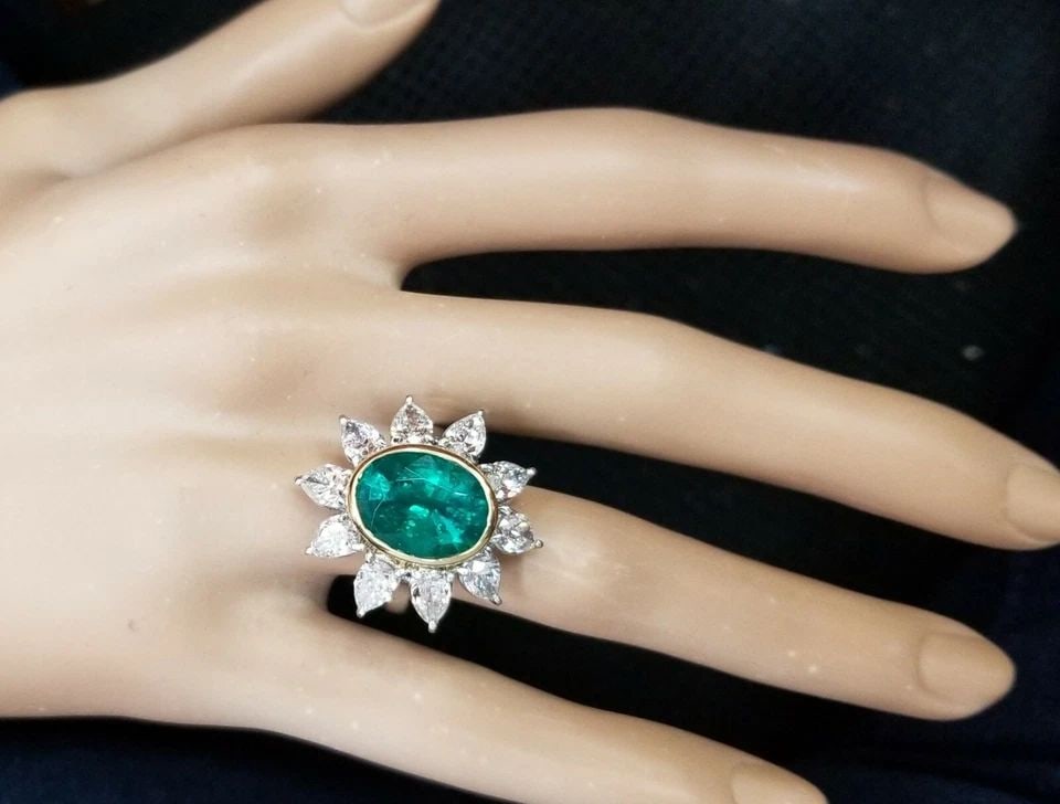 PLATINUM & 18K YELLOW GOLD RING 4.58CT. NATURAL GREEN EMERALD OVAL CUT GIA CERT (1 of 2)