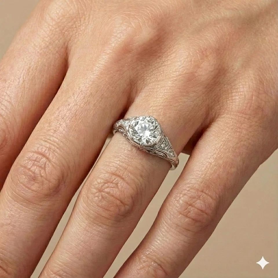 PLATINUM VINTAGE ENGAGEMENT RING 2.02CT. NATURAL OLD EURO ROUND DIAMOND 1920'S: PLATINUM VINTAGE ENGAGEMENT RING 2.02CT. NATURAL OLD EURO ROUND DIAMOND 1920'S This exquisite Art Deco engagement ring features a 2.02ct natural round diamond set in solid platinum with intricate hand