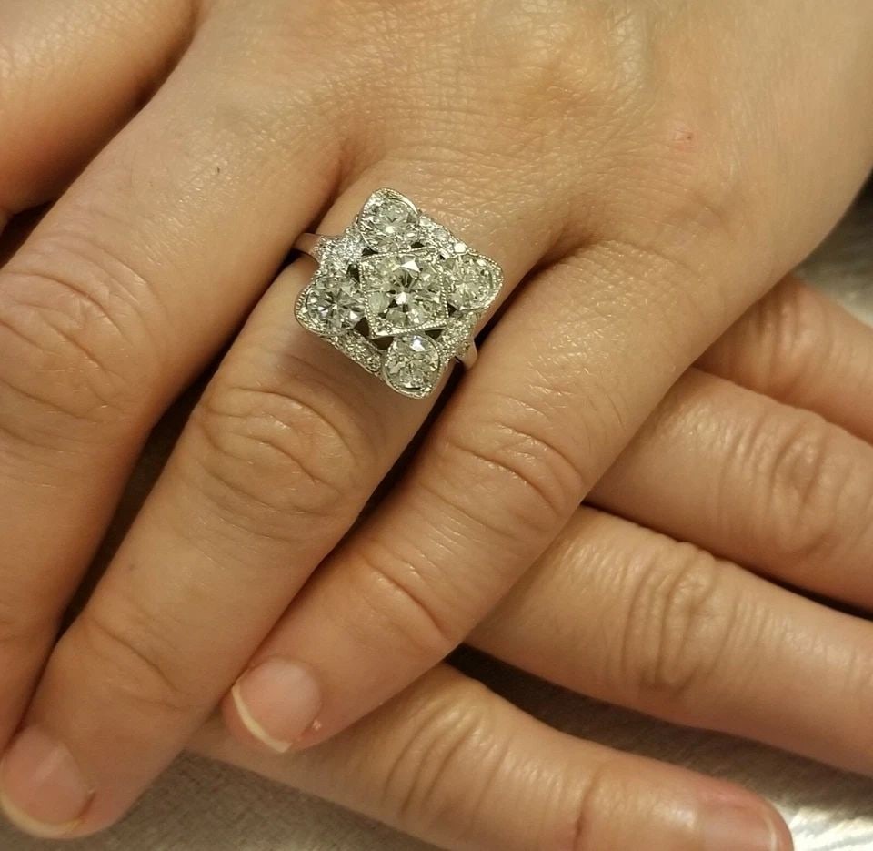 14K WHITE GOLD ART DECO FILIGREE NATURAL ROUND DIAMOND RING 2.89CT CIRC 1940'S (1 of 2)