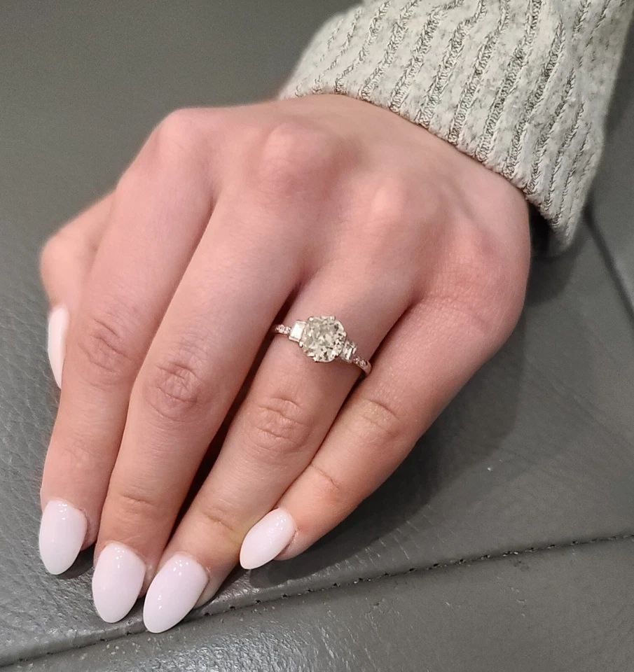 PLATINUM VINTAGE ENGAGEMENT RING 1.52CT. NATURAL OLD EURO CUT ROUND DIAMOND: PLATINUM VINTAGE ENGAGEMENT RING 1.52CT. NATURAL OLD EURO CUT ROUND DIAMOND This vintage engagement ring is a stunning piece of jewelry that will make any woman feel special. The ring features a 1.52c