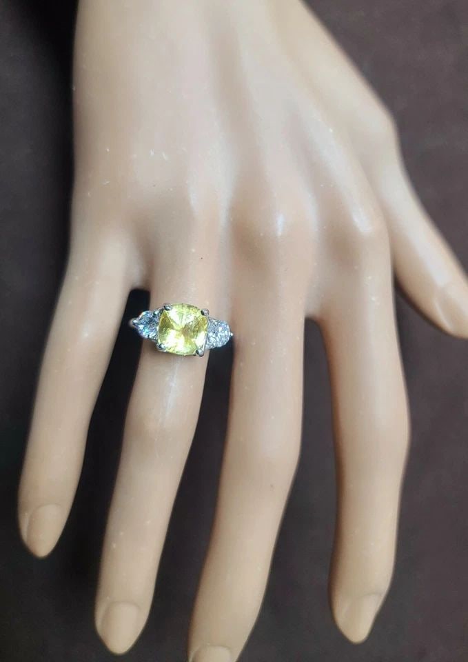VINTAGE 14K WHITE GOLD RING 4.07CT NATURAL CUSHION YELLOW SAPPHIRE GIA CERT: VINTAGE 14K WHITE GOLD RING 4.07CT NATURAL CUSHION YELLOW SAPPHIRE GIA CERT GORGEOUS vintage 14k white gold engagement ring natural yellow sapphire in cushion shape GIA cert. Center natural yellow sap