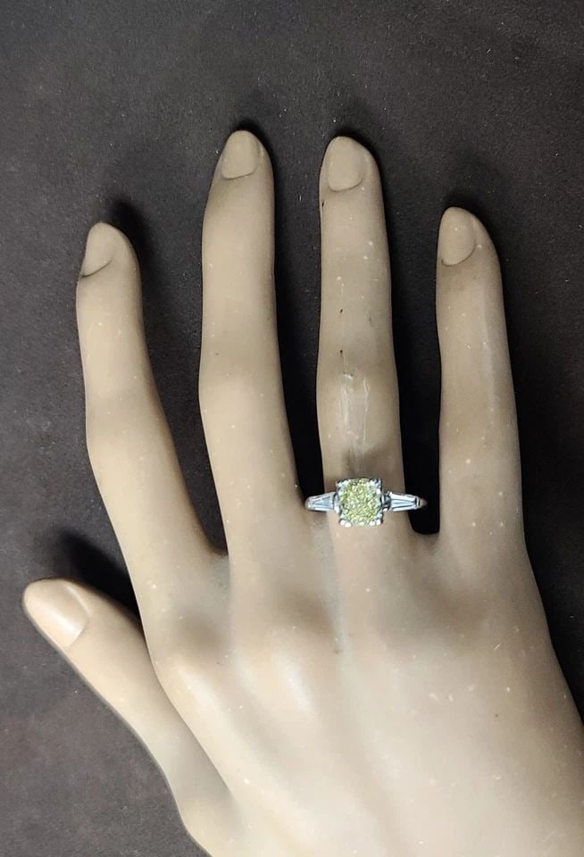VINTAGE 14K WHITE GOLD ENGAGEMENT RING 1.50CT.NATURAL CUSHION YELLOW DIAMOND GIA (1 of 2)