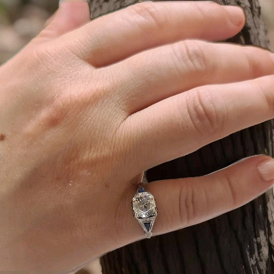 18K WHITE GOLD FILIGREE VINTAGE ENGAGEMENT RING 1.31CT.NATURAL ROUND DIAMOND: 18K WHITE GOLD ART DECO ENGAGEMENT RING 1.14CT NATURAL ROSE CUT DIAMOND Gorgeous Vintage art deco filigree 18k white gold engagement ring circ 1920's center natural round rose cut diamond weight 1.14c