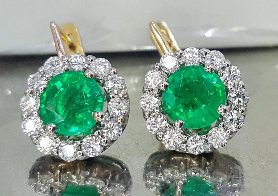 LUXURY EMERALD DIAMOND EARRINGS 14K GOLD 3.26CT. NATURAL ROUND EMERALD DIAMONDS (1 of 2)