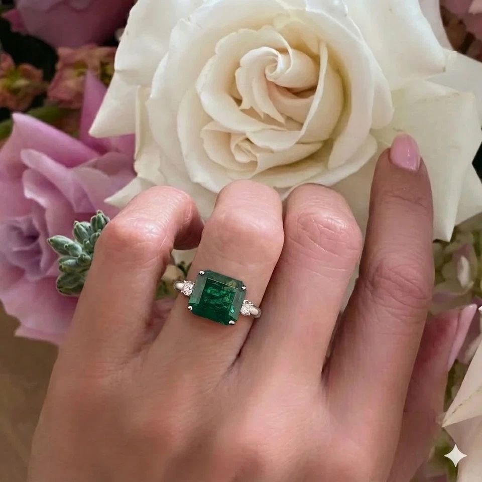 VINTAGE 14K WHITE GOLD ENGAGEMENT RING 5.00CT. NATURAL GREEN EMERALD GIA CERT. (1 of 2)