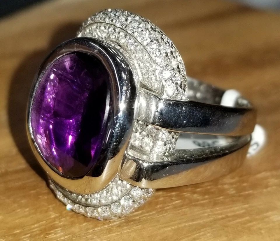RECARLO ITALIA DESIGN 18K WHITE GOLD RING WITH NATURAL AMETHYST 12.05CT: RECARLO ITALIA DESIGN 18K WHITE GOLD NATURAL AMETHYST RING 12.05CT GORGEOUS Recarlo Italian design 18k WHITE GOLD natural amethyst ring center cushion rose cut natural amethyst weight 12.05ct size 15x