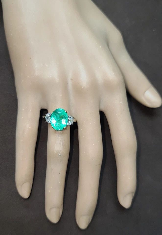 14K TWO-TONE GOLD ENGAGEMENT RING 3.57CT.NATURAL COLOMBIAN EMERALD OVAL GIA CERT (1 of 2)