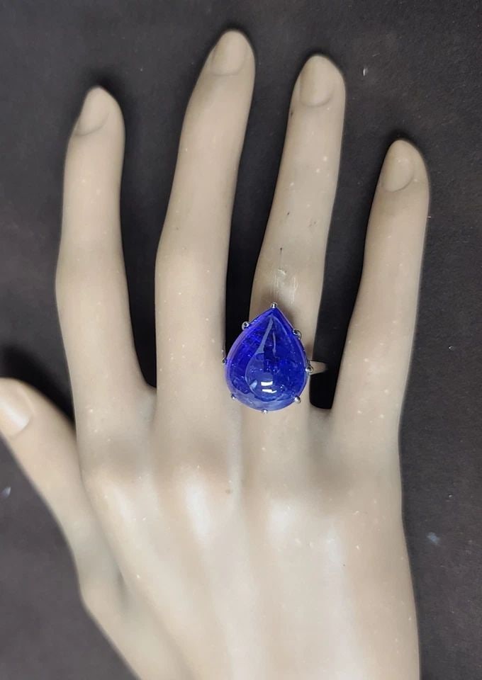 VINTAGE PLATINUM ENGAGEMENT RING 22.02CT.NATURAL TANZANITE PEAR CABOCHON SHAPE (1 of 2)