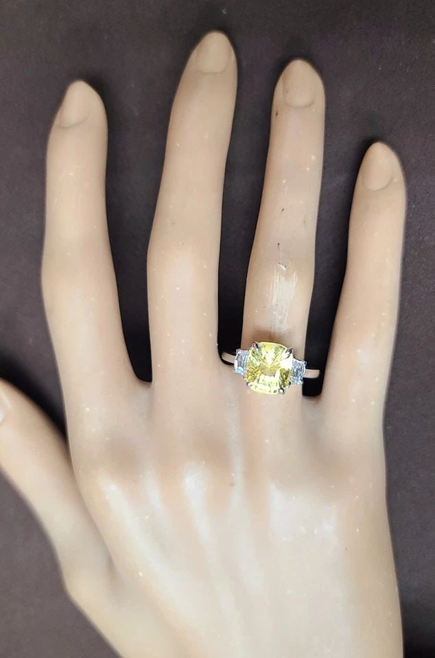 VINTAGE 14K WHITE GOLD ENGAGEMENT RING 5.19CT.NATURAL YELLOW CUSHION SAPPHIRE: Here is an outstanding natural yellow sapphire engagement ring, the beautiful three-stone yellow sapphire design gives this ring amazing appeal this is the perfect engagement ring for anyone looking f
