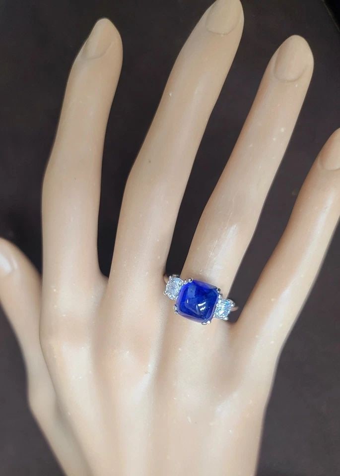 14K WHITE GOLD THREE STONE ENGAGEMEN RING 6.73CT.GEM BLUE SAPPHIRE CABOCHON (1 of 2)