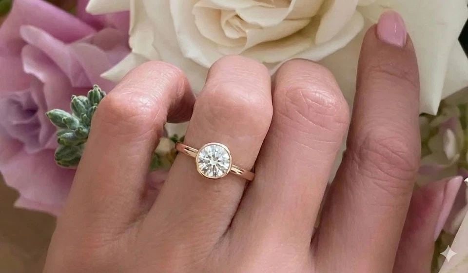 VINTAGE 14K ROSE GOLD ENGAGEMENT BEZEL RING 1.27CT.NATURAL ROUND SHAPE DIAMOND: VINTAGE 14K ROSE GOLD ENGAGEMENT BEZEL RING 1.27CT.NATURAL ROUND SHAPE DIAMOND Make a heartfelt statement with this enchanting vintage engagement ring, beautifully crafted in warm 14K rose gold. At it