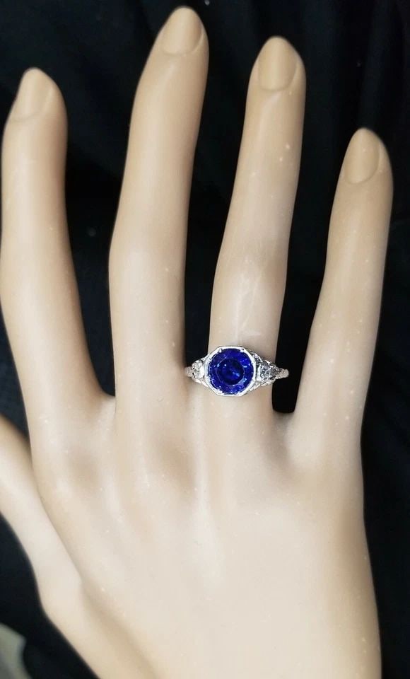 PLATINUM VINTAGE ART DECO ENGAGEMENT RING 2.35CT. GEM BLUE SAPPHIRE ROUND SHAPE (1 of 2)