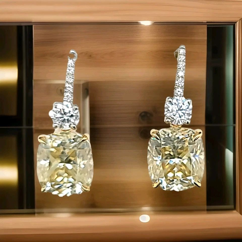 14K WHITE YELLOW GOLD LAB GROWN YELLOW DIAMOND DROP EARRINGS 12.30CT CUSHION CUT: 14K WHITE YELLOW GOLD LAB GROWN YELLOW DIAMOND DROP EARRINGS 12.30CT CUSHION CUT Gorgeous 14k white-yellow gold earrings 12.30ct total weight lab-grown yellow diamond in a cushion shape,size 11.9x10.6