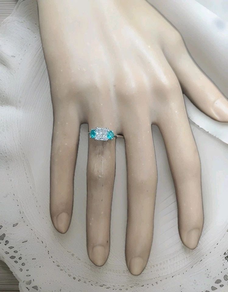 14K WHITE GOLD ENGAGEMENT THREE STONE RING 1.02CT.NATURAL PRINCESS CUT DIAMOND (1 of 2)