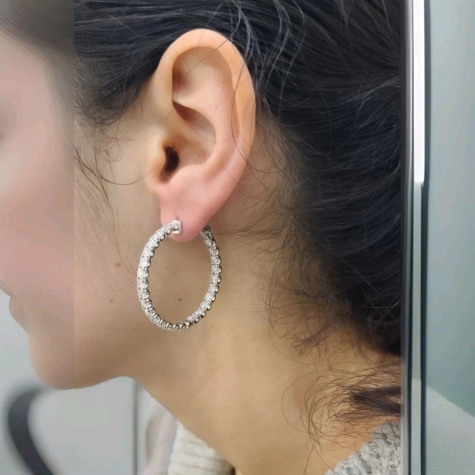 6.32CT.LAB-GROWN DIAMOND INSIDE-OUTSIDE HOOP EARRINGS 14K WHITE GOLD VS-G-H: 6.32CT.LAB-GROWN DIAMOND INSIDE-OUTSIDE HOOP EARRINGS 14K WHITE GOLD VS-G-H These lovely 6.32ct lab-grown diamond inside-out hoop earrings are set in 14k white gold with a very good cut G- H color. VS