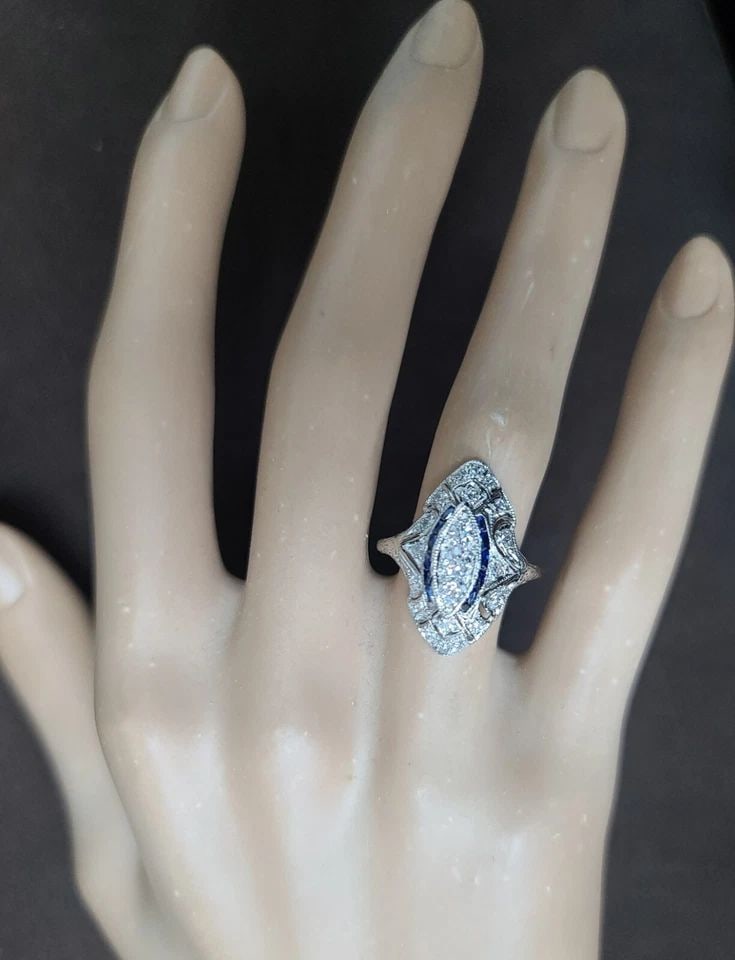 PLATINUM VINTAGE ART DECO FILIGREE 1.25CT. DIAMOND SAPPHIRE RING CIRC 1920'S (1 of 2)