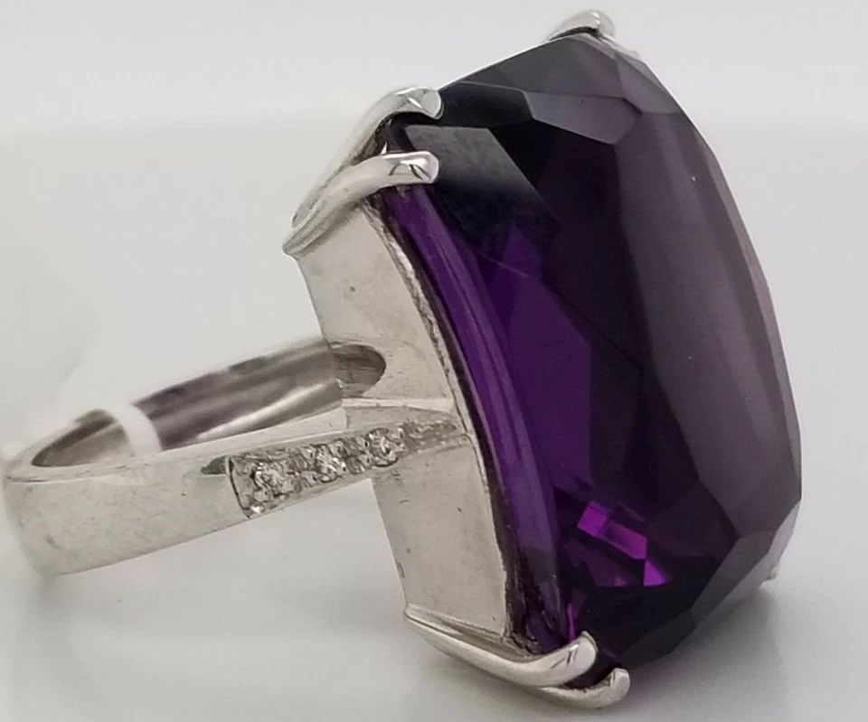 14K WHITE GOLD AMETHYST RING 24.65CT NATURAL EMERALD CUT GEMSTONE STATEMENT RING (1 of 2)