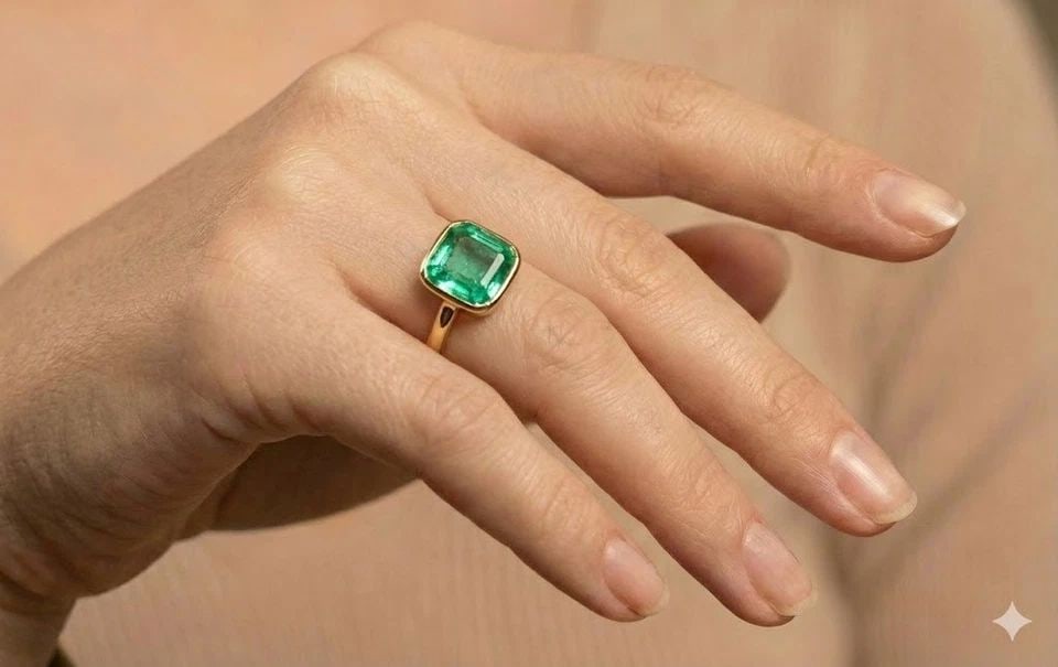 VINTAGE 14K YELLOW GOLD RING 2.02CT.NATURAL COLOMBIA GREEN EMERALD CUT BEZEL SET: VINTAGE 14K YELLOW GOLD RING 2.02CT.NATURAL COLOMBIA GREEN EMERALD CUT BEZEL SET A beautiful vintage 14K yellow gold ring showcasing a 2.02 carat natural Colombian emerald in a classic emerald cut, me