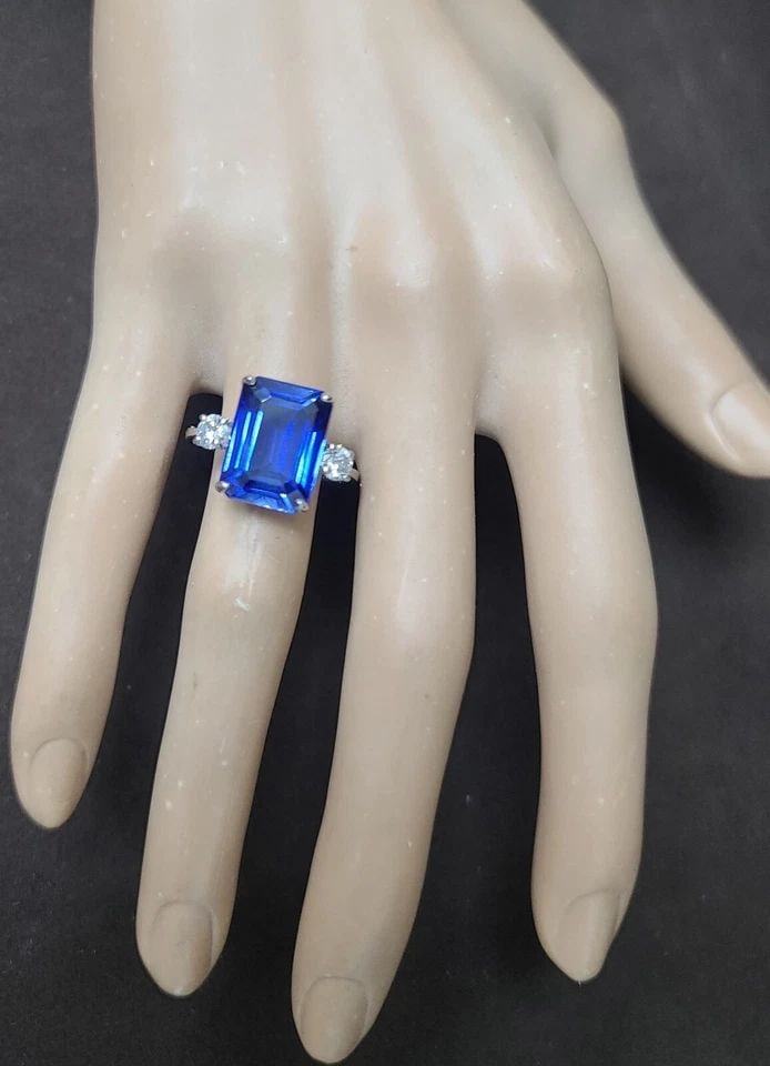 14K WHITE GOLD ENGAGEMENT RING 11.05CT. GEM BLUE SAPPHIRE EMERALD SHAPE (1 of 2)