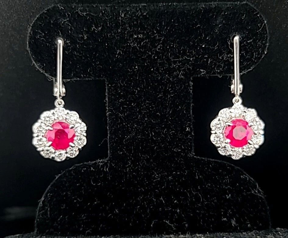 14K WHITE GOLD LAB GROWN RED RUBY DROPS EARRINGS 2.47CT ROUND SHAPE (1 of 2)