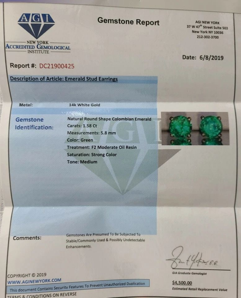 14K WHITE GOLD STUDS EARRINGS 1.58CT. NATURAL GREEN COLOMBIA EMERALD ROUND CUT: 14K WHITE GOLD STUDS EARRINGS 1.58CT. NATURAL GREEN COLOMBIA EMERALD ROUND CUT 14K white gold STUDS earrings NATURAL GREEN COLOMBIA EMERALD 1.58 carat total weight SIZE 5.8MM ROUND shape QUALITY IS VE