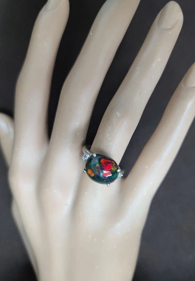 VINTAGE 14K WHITE GOLD 3.75CT. NATURAL BLACK ETHIOPIAN OPAL & DIAMOND RING (1 of 2)