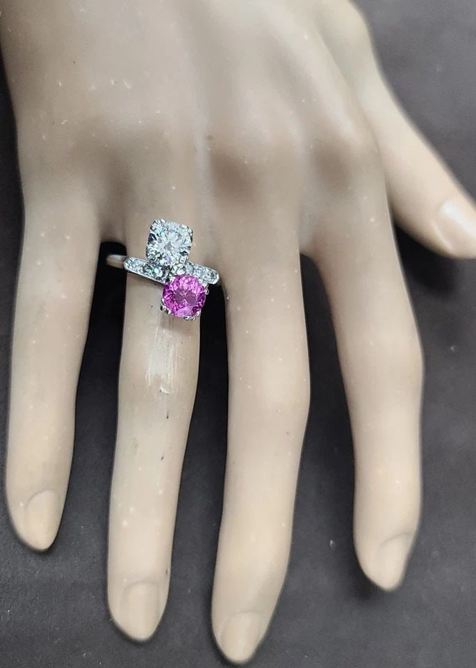 VINTAGE 14K WHITE GOLD ENGAGEMENT RING 2.67CT. NATURAL ROUND PINK TOURMALINE: VINTAGE 14K WHITE GOLD ENGAGEMENT RING 2.67CT. NATURAL ROUND PINK TOURMALINE This Vintage 14k White Gold Engagement Ring features a beautiful 1.32CT natural round pink tourmaline as the main stone.and