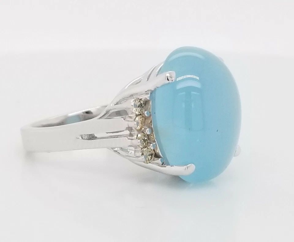 VINTAGE 14K WHITE GOLD BLUE CHALCEDONY RING | 14.75CT OVAL CABOCHON | DIAMOND (1 of 2)