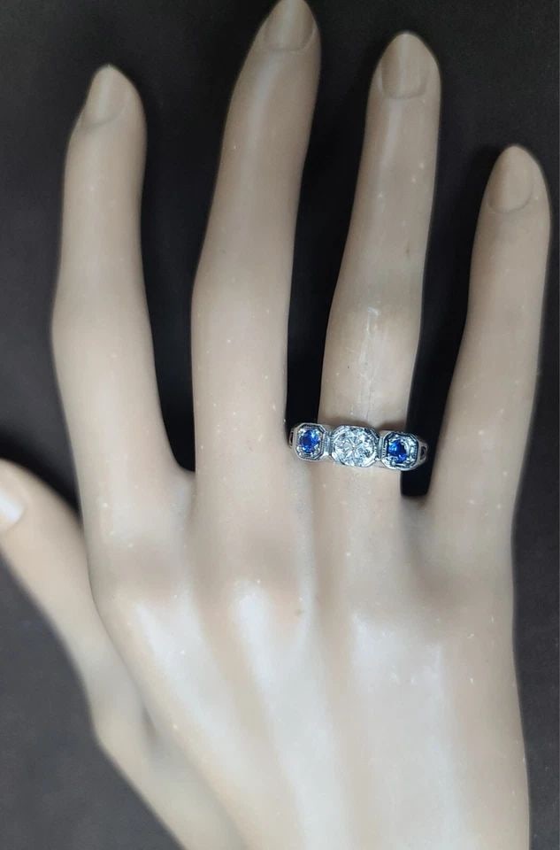 VINTAGE ART DECO 18K WHITE GOLD FILIGREE ENGAGEMENT RING – 0.58CT DIAMOND & BLUE: 18K WHITE GOLD VINTAGE ENGAGEMENT RING 0.58CT NATURAL ROUND CUT DIAMOND 1930'S Gorgeous Vintage art deco filigree 18k white gold engagement ring circ 1930's center natural round cut diamond weight 0.5