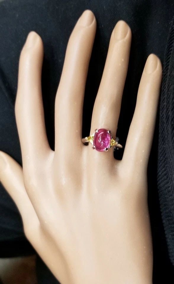 18K WHITE GOLD ENGAGEMENT RING 4.07CT. NATURAL PINK TOURMALINE YELLOW SAPPHIRE (1 of 2)