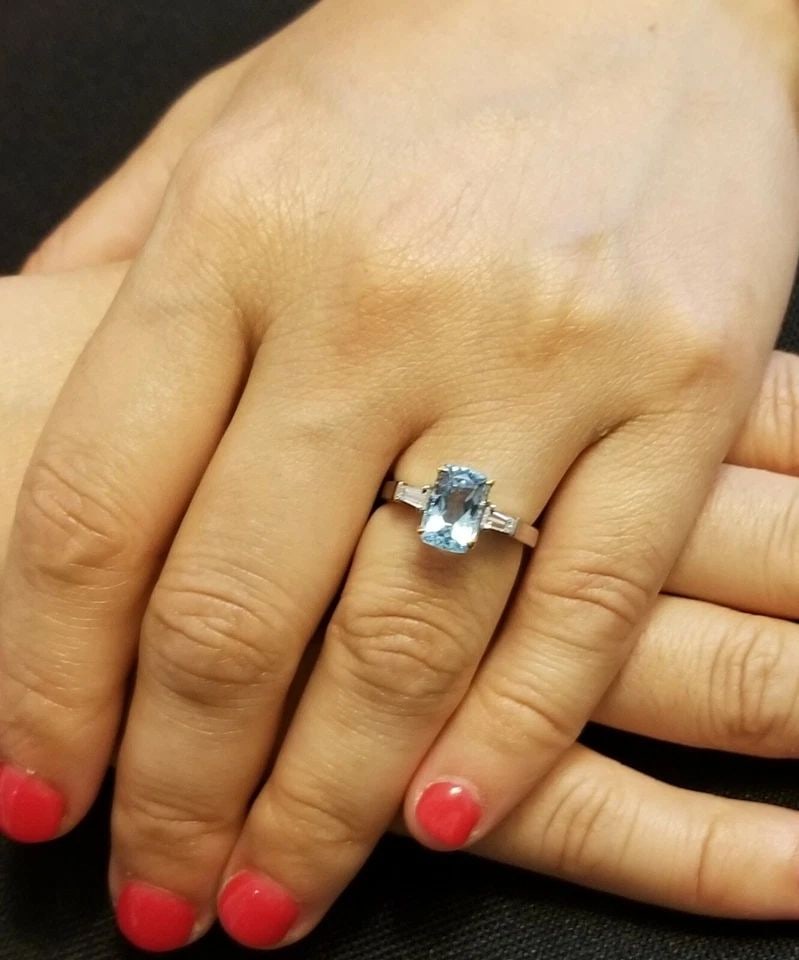 PLATINUM & 18K YELLOW GOLD 1.89CT. NATURAL AQUAMARINE CUSHION ENGAGEMENT RING: PLATINUM & 18K YELLOW GOLD 1.89CT. NATURAL AQUAMARINE CUSHION ENGAGEMENT RING GORGEOUS platinum natural aquamarine ring center natural aquamarine cushion shape weight 1.89ct. size 9.5x6.3mm very livel