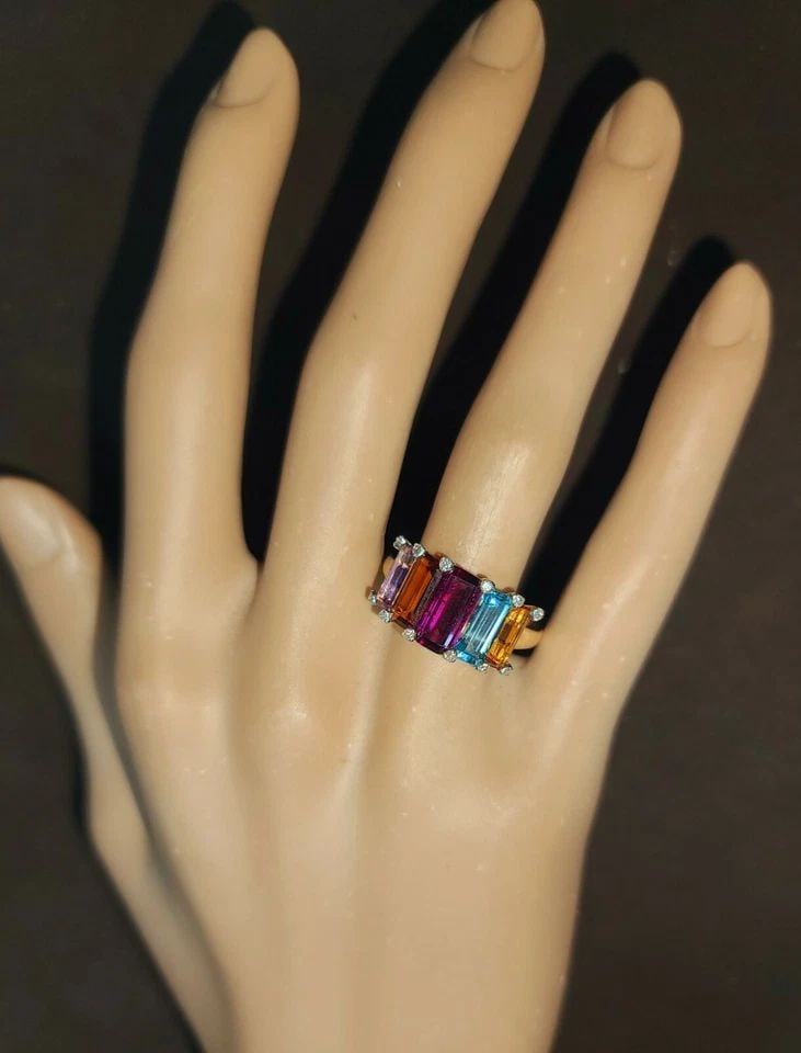 14K YELLOW GOLD RING 5.65CT. AMETHYST BLUE TOPAZ CITRINE IN EMERALD SHAPE (1 of 2)