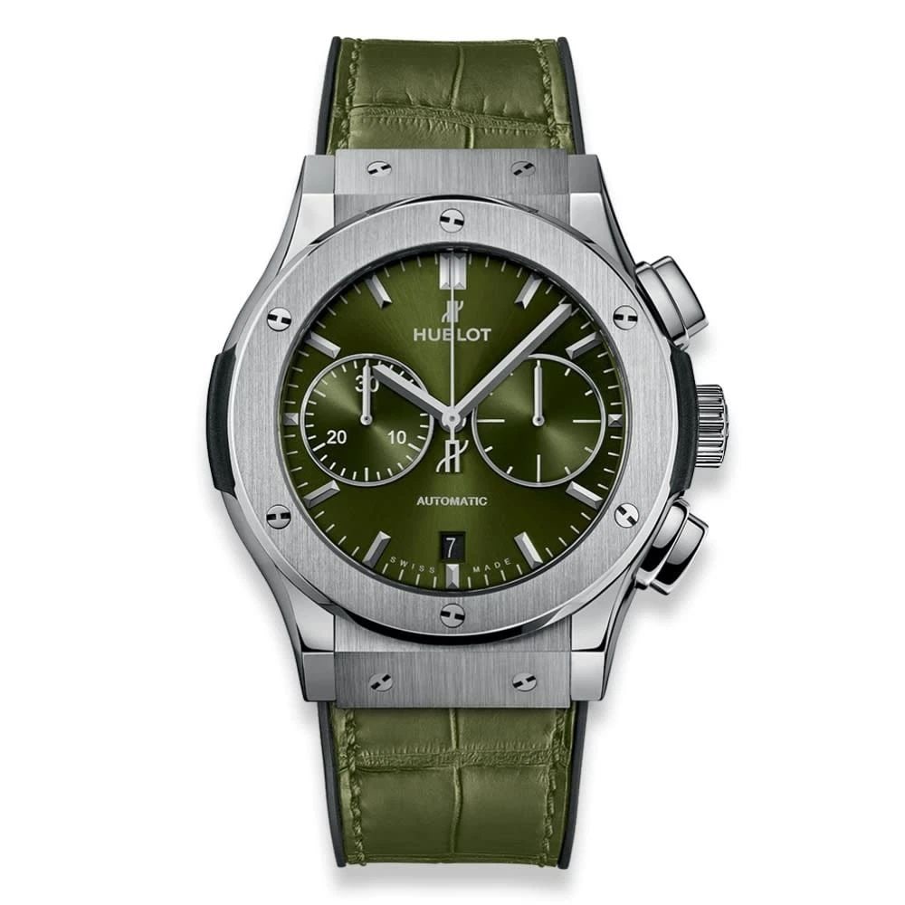 NEW HUBLOT CLASSIC FUSION CHRONOGRAPH TITANIUM 45 MM WATCH 521.NX.8970.LR: NEW HUBLOT CLASSIC FUSION CHRONOGRAPH TITANIUM 45 MM WATCH Manufacturer Hublot Category Classic Fusion Subcategory Chronograph Reference Number 521.NX.8970.LR Band Color Green Band Type Alligator Beze