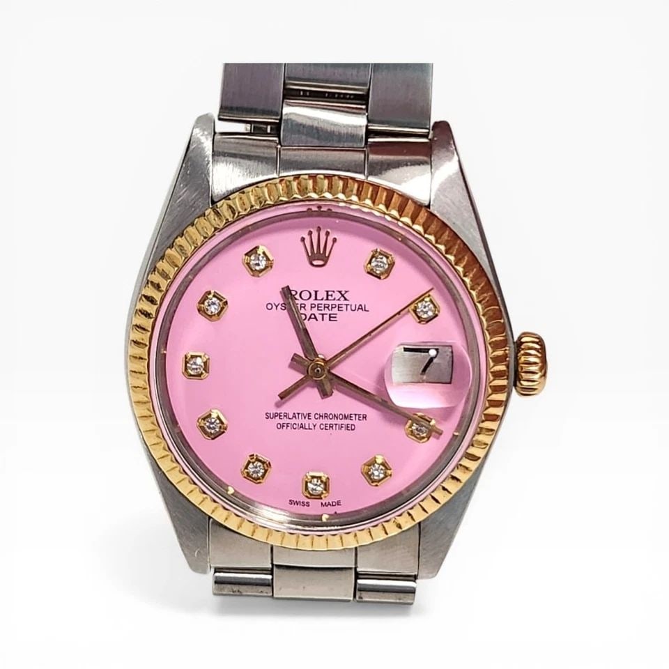 ROLEX DATE 34MM CANDY PINK DIAMOND DIAL TWO TONE AUTOMATIC WATCH 1501 CIRCA 1975: ROLEX DATE 34MM CANDY PINK DIAMOND DIAL TWO TONE AUTOMATIC WATCH Manufacturer Rolex Category Mens Date 34mm Reference Number 1501 Additional Keywords CANDY PINK DIAMONDS DIAL Band Stainless Steel Band