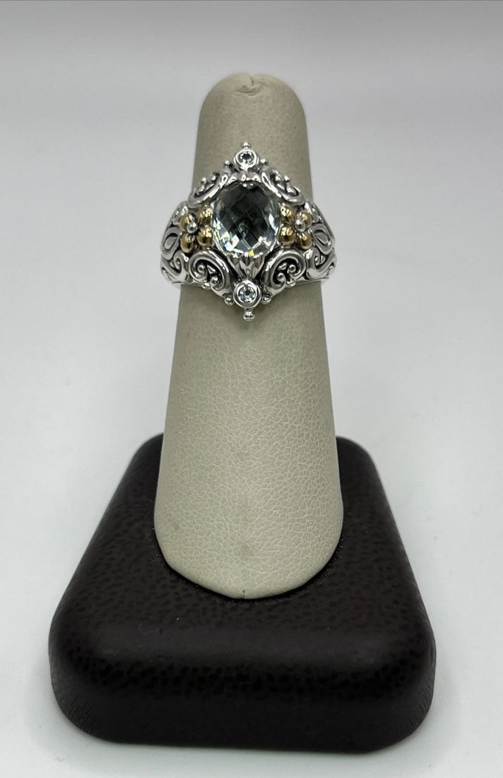 BIXBY LIGHT BLUE STONE WITH STERLING SILVER/18K YG RING FLORAL SIZE 7: BIXBY LIGHT BLUE STONE WITH STERLING SILVER/18K YG RING FLORAL SIZE 7 BIXBY LIGHT BLUE STONE WITH STERLING SILVER/18K YG RING FLORAL SIZE 7 This ring is a size 7(USA); It may not be resized Markings: 