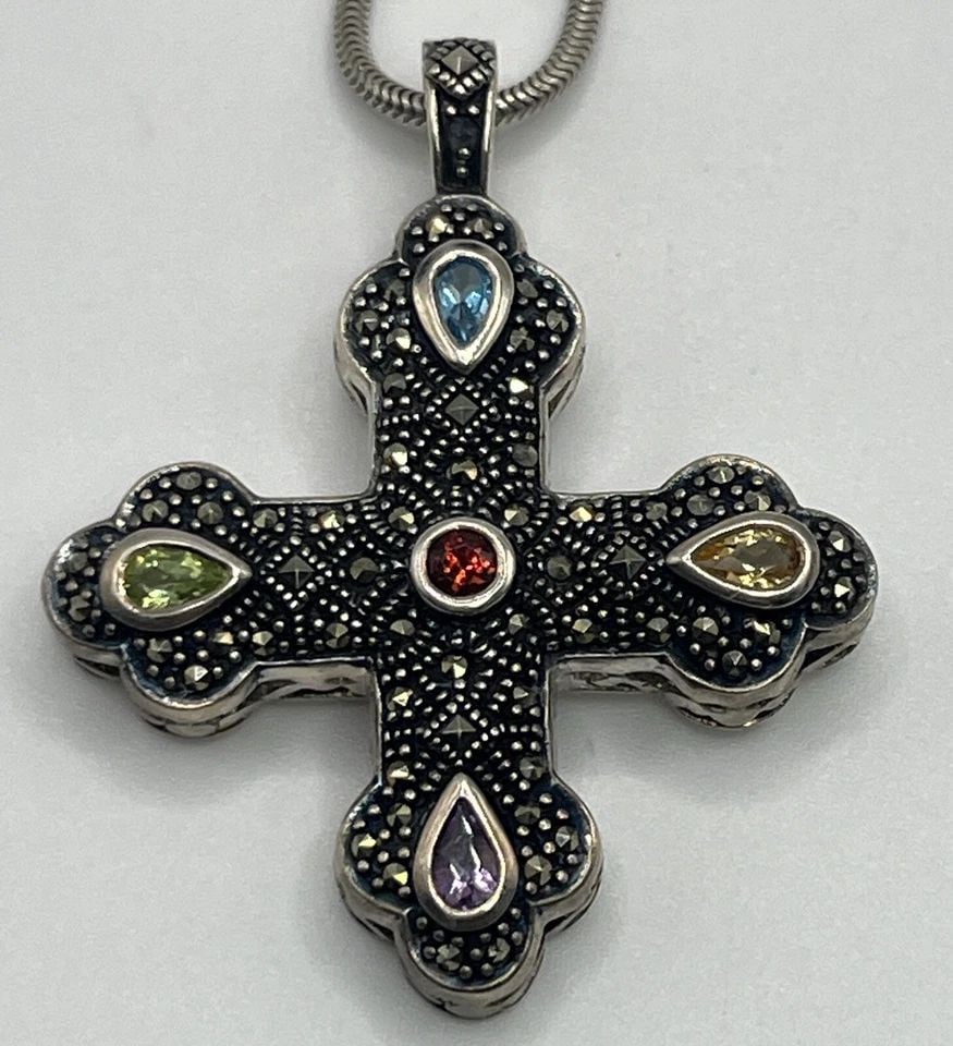 STERLING SILVER & MULTI STONE CROSS PENDANT NECKLACE 20" (1 of 1)