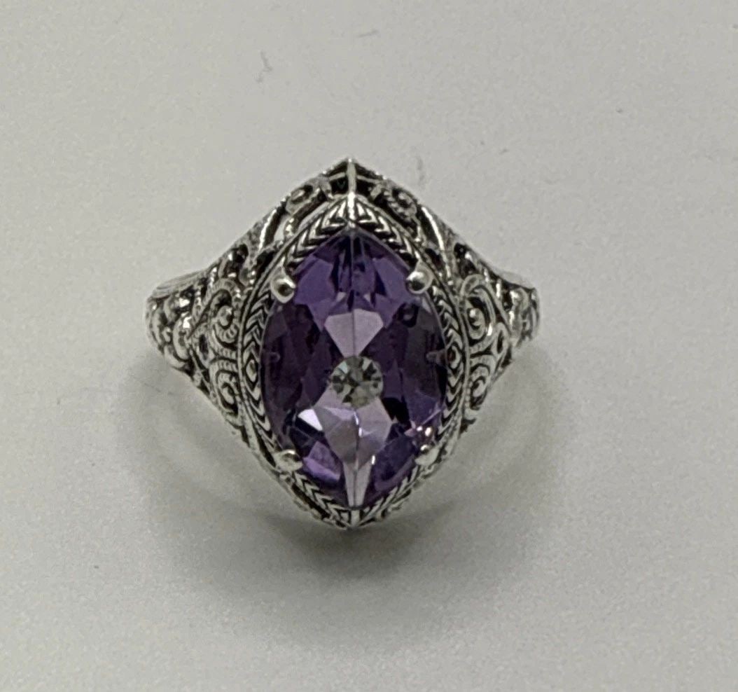VICTORIAN STYLE STERLING SILVER PURPLE STONE FILIGREE RING W COLORLESS STONE S7 (1 of 2)