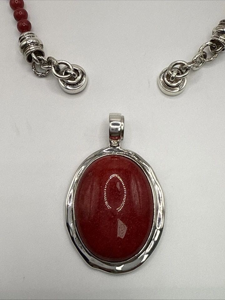 STERLING SILVER & RED CORAL BEADED 17" NECKLACE WITH LARGE PENDANT (1 of 1)