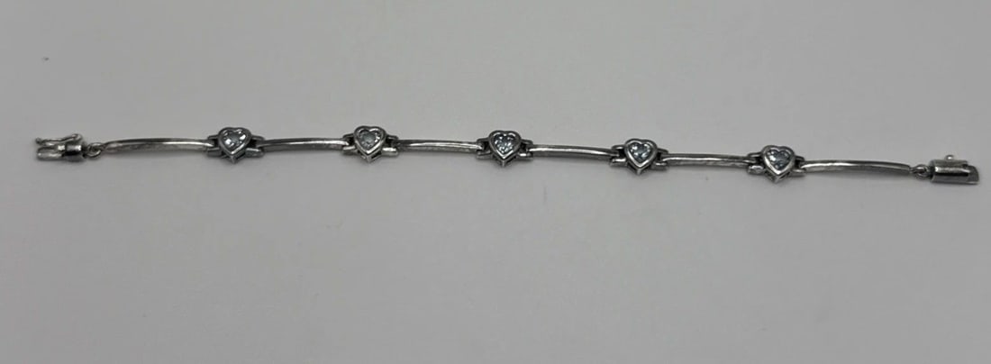 STERLING SILVER 7" BRACELET WITH BLUE HEART STONES (1 of 2)