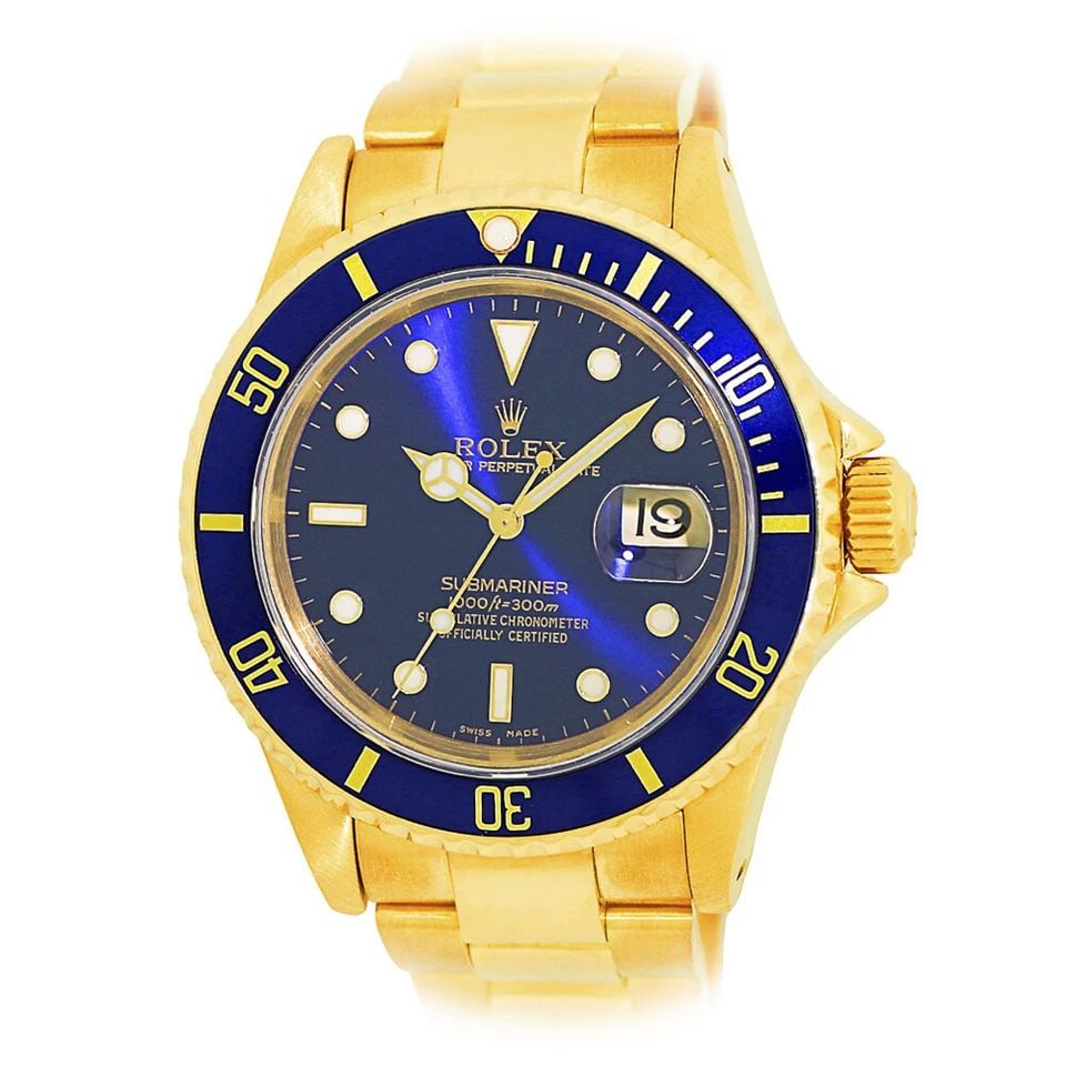 ROLEX 18K YELLOW GOLD 40MM SUBMARINER BLUE DIAL 16618 BOX WARRANTY MINT (1 of 2)