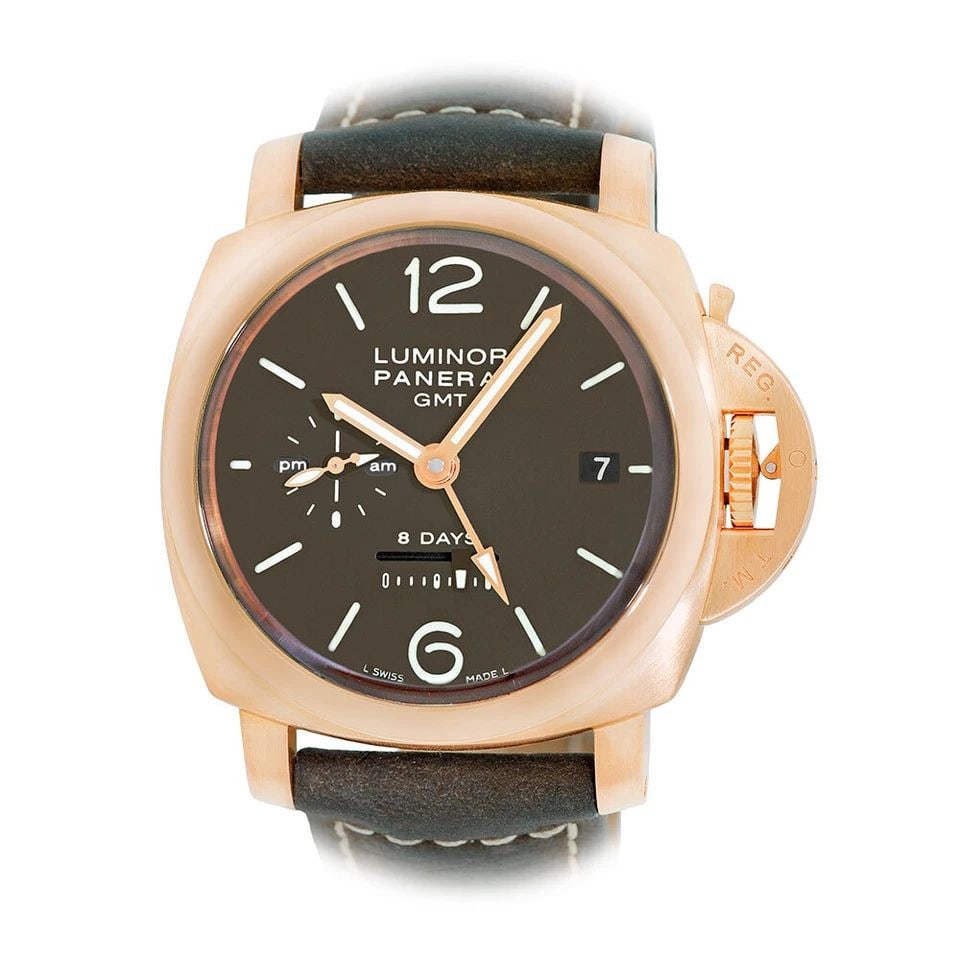 PANERAI 18K ROSE GOLD 44MM PAM 00289 1950 LUMINOR GMT DATE PAM 289 BOX WARRANTY: PANERAI 18K ROSE GOLD 44MM PAM 00289 1950 LUMINOR GMT DATE PAM 289 BOX WARRANTY PANERAI 1950 18K Rose Gold 44mm PAM 00289 Luminor GMT Mechanical Box Warranty Gent's 18K Rose Gold 44mm Panerai 1950 PAM