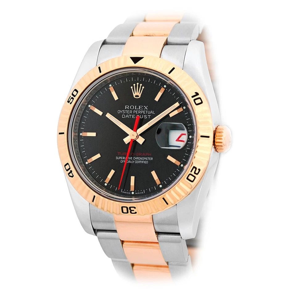 ROLEX STAINLESS STEEL & 18K ROSE GOLD 36MM DATEJUST TURN-O-GRAPH 116261 BOX: ROLEX STAINLESS STEEL & 18K ROSE GOLD 36MM DATEJUST TURN-O-GRAPH 116261 BOX Brand: Rolex Model: Turn-O-Graph Reference No: 116261 Case Measurements: Case Diameter: 36mm Case Thickness: 11.5mm Water Re