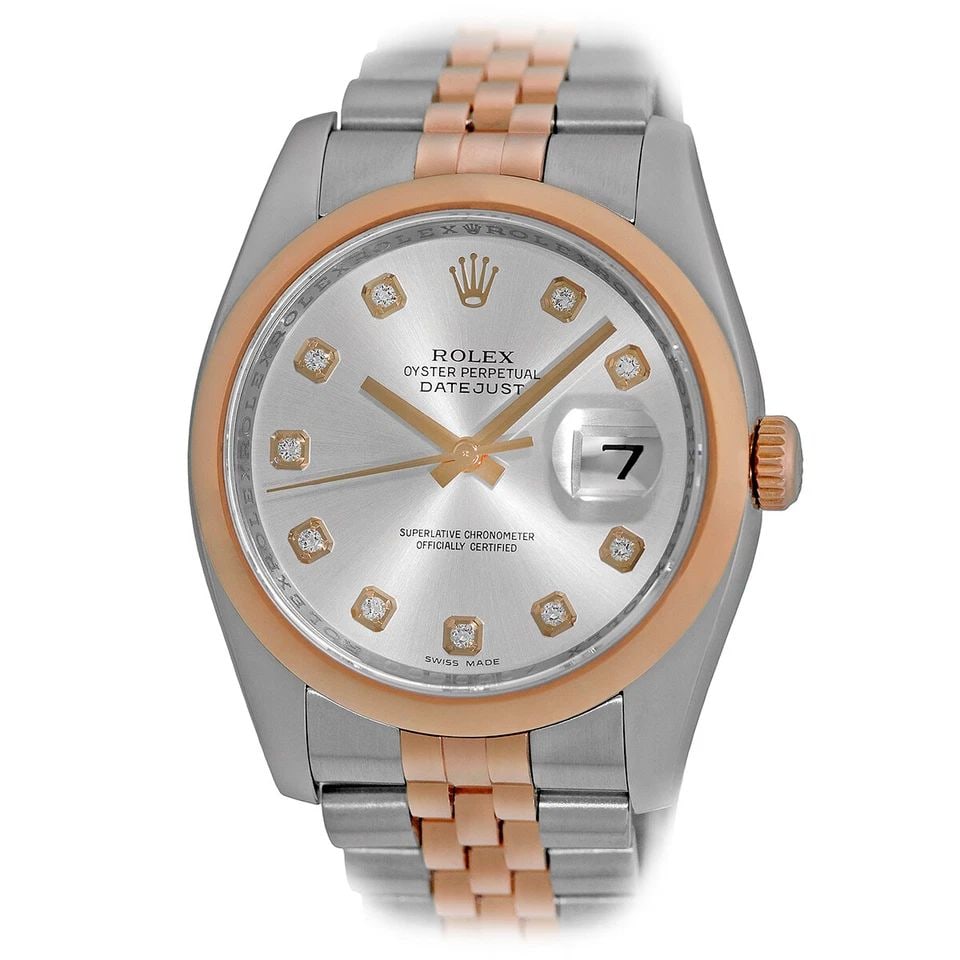 ROLEX 36MM STAINLESS STEEL & 18K ROSE GOLD DATEJUST DIAMOND 116231 BOX WARRANTY: ROLEX 36MM STAINLESS STEEL & 18K ROSE GOLD DATEJUST DIAMOND 116231 BOX WARRANTY ROLEX Stainless Steel & 18K Rose Gold 36mm Datejust Diamond 116231 box warranty Gent's Stainless Steel & 18K Rose Gold R